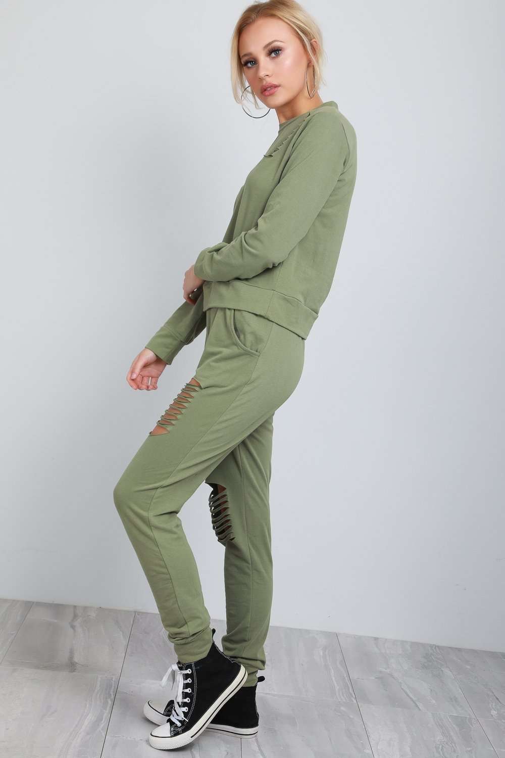 Geri Long Sleeve Distressed Lounge Wear Set - bejealous-com