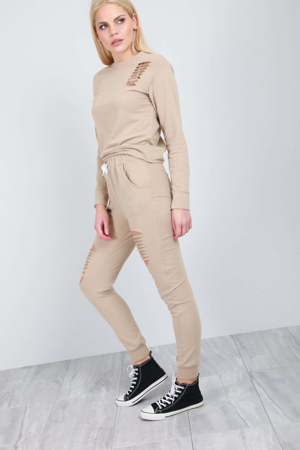 Geri Long Sleeve Distressed Lounge Wear Set - bejealous-com