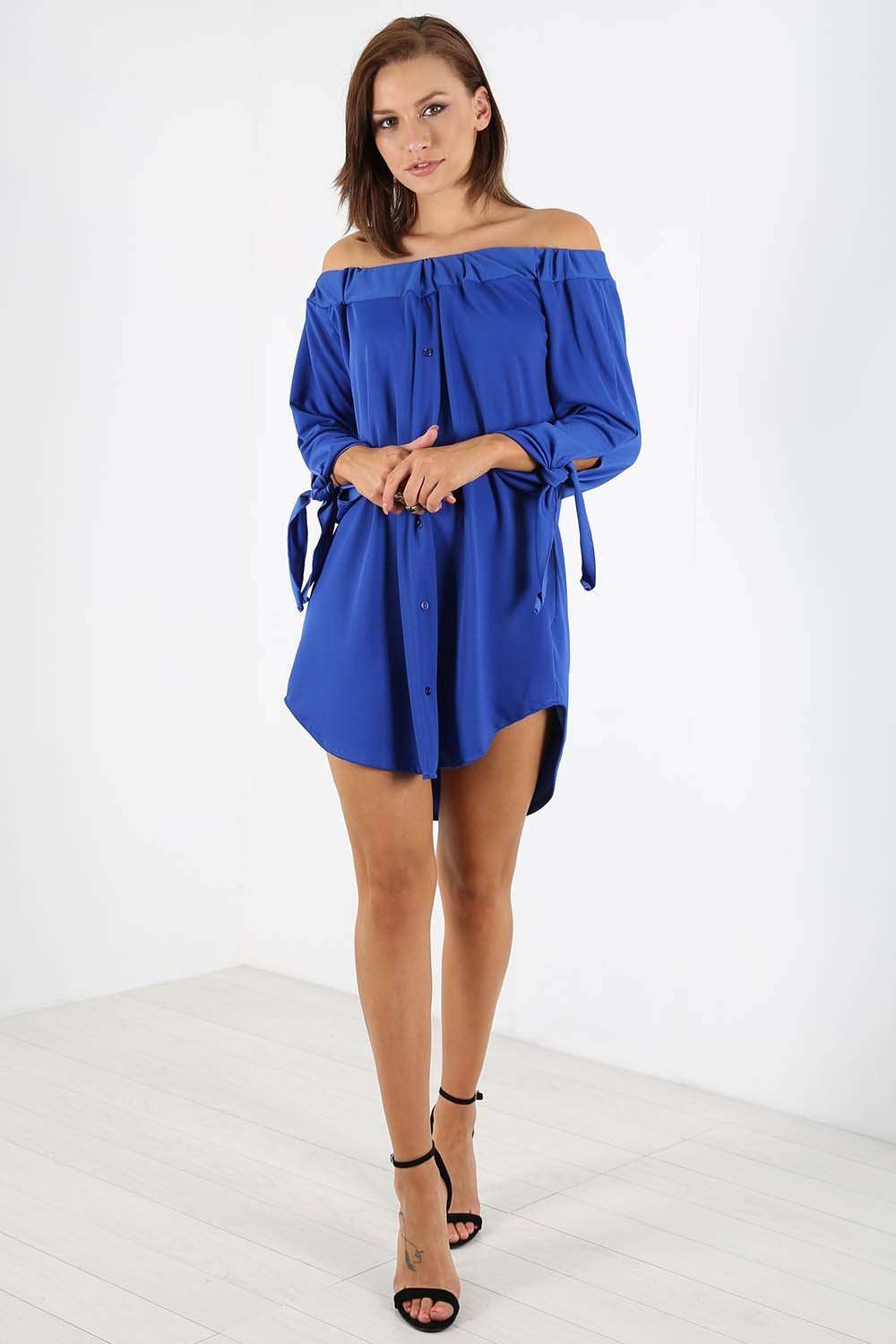 Gillian Bardot Tie Sleeve Mini Shirt Dress - bejealous-com