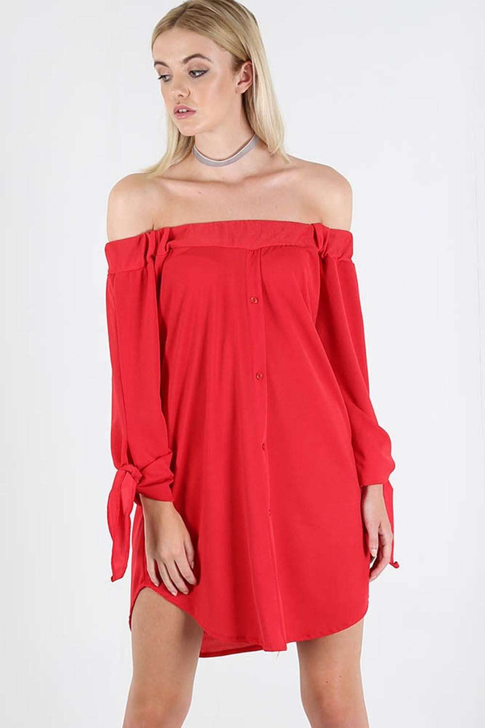 Gillian Bardot Tie Sleeve Mini Shirt Dress - bejealous-com