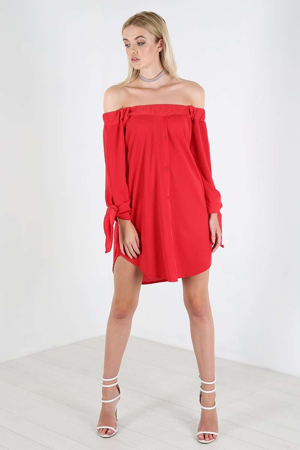 Gillian Bardot Tie Sleeve Mini Shirt Dress - bejealous-com