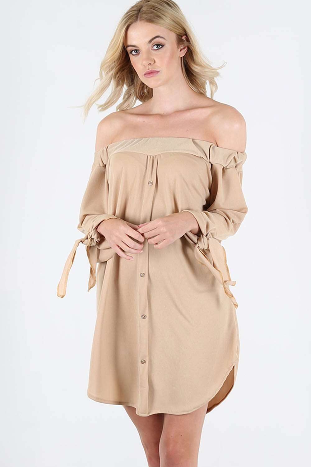 Gillian Bardot Tie Sleeve Mini Shirt Dress - bejealous-com