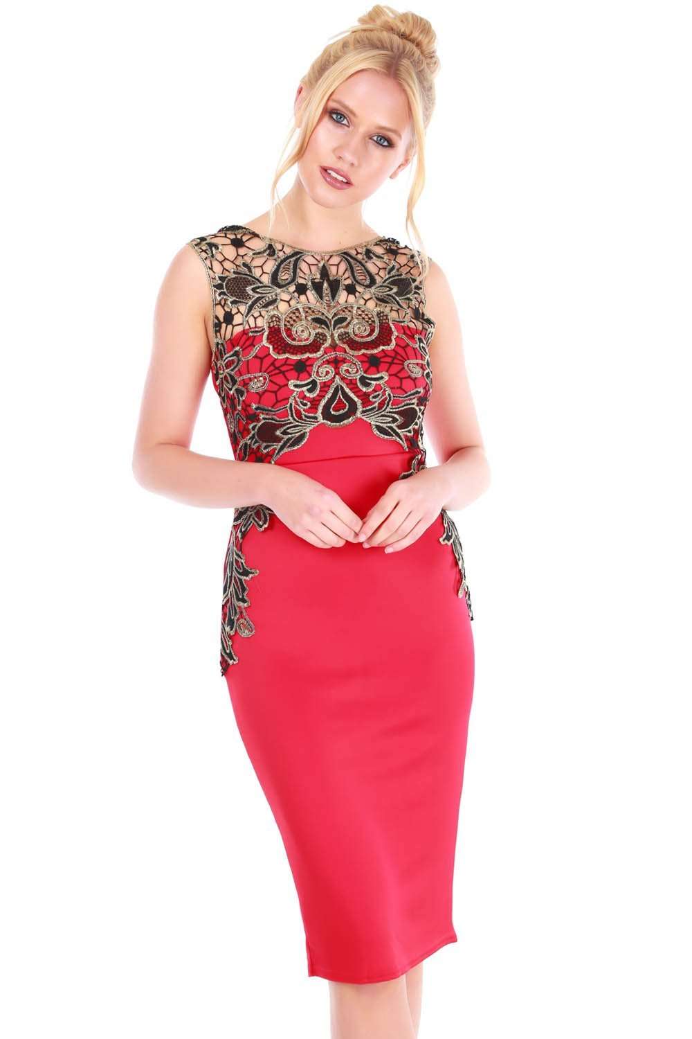 Gold Floral Lace Trim Black Midi Bodycon Dress - bejealous-com