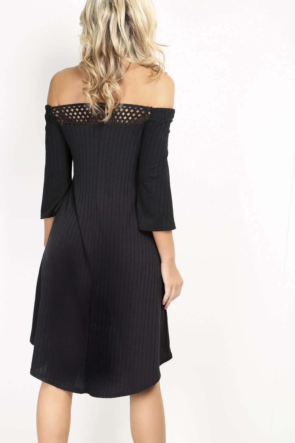 Grace Off Shoulder Laser Cut Swing Dress - bejealous-com