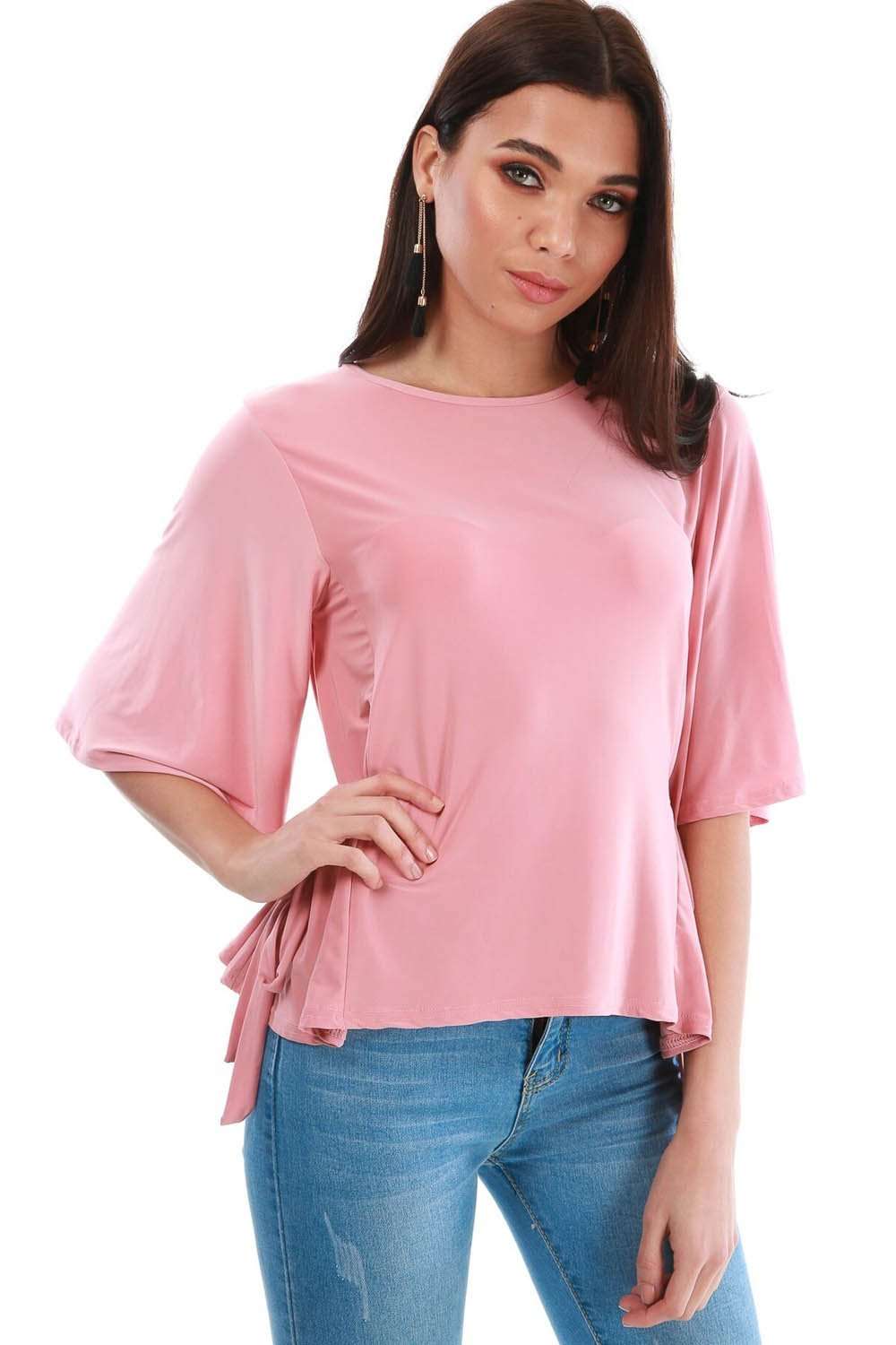 Hallee Pink Tie Side Slinky Bat Wing Top - bejealous-com