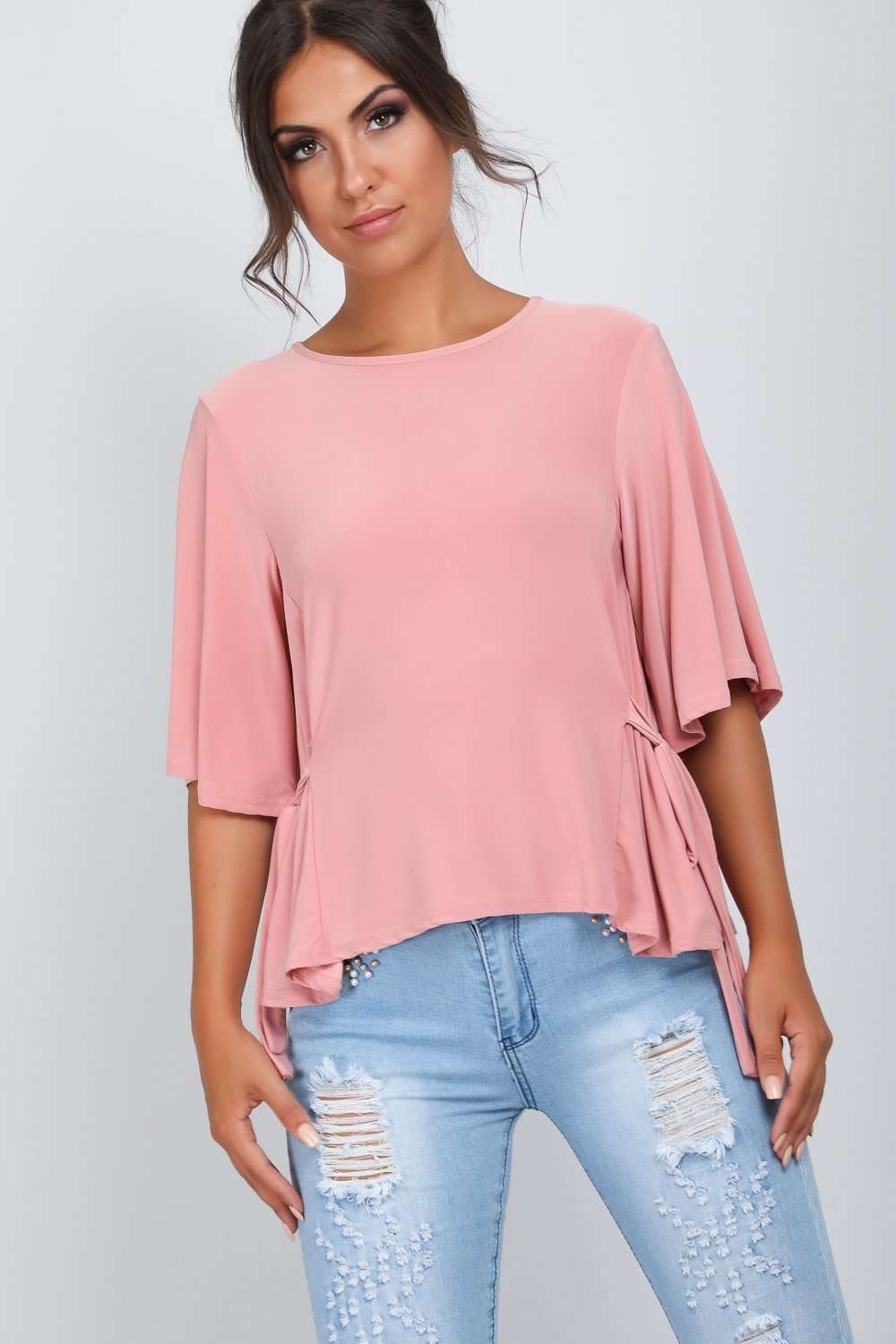 Hallee Rose Pink Slinky Bat Wing Tie Waist Top - bejealous-com