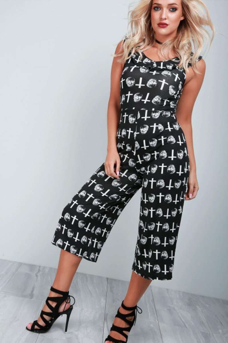 Halloween Print Culotte Leg Jumpsuit - bejealous-com