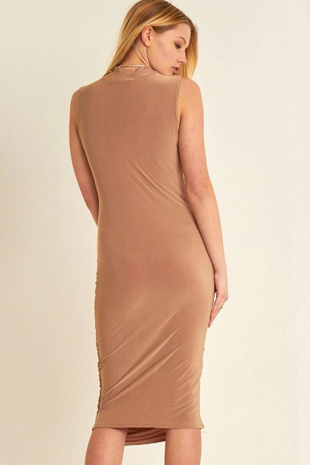 Hanna High Neck Sleeveless Ruched Midi Dress - bejealous-com