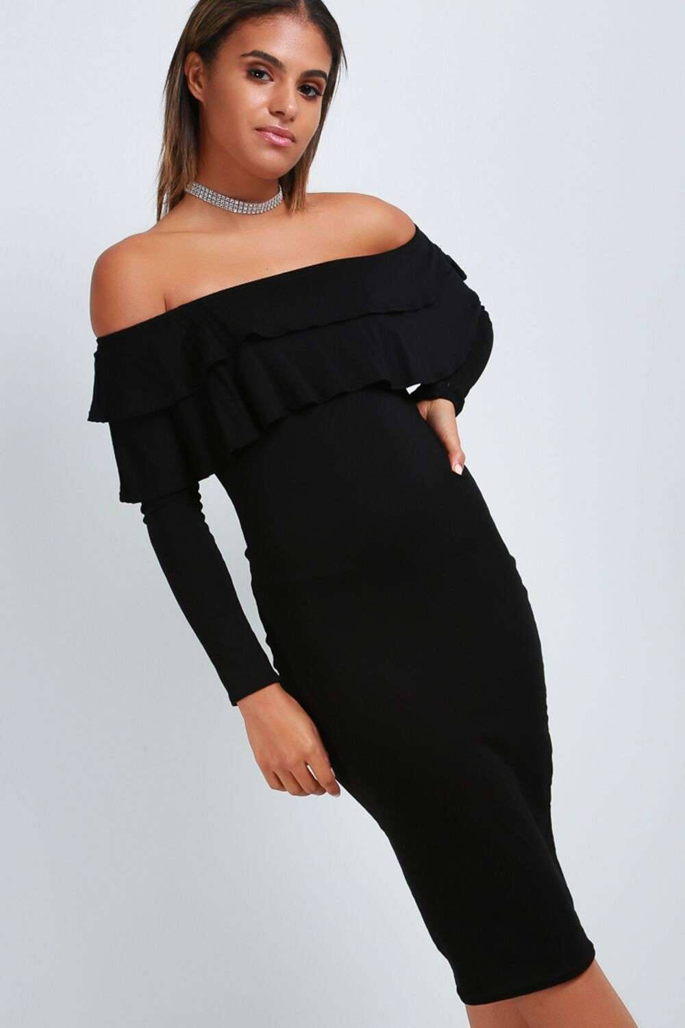 Hannah Black Long Sleeve Bardot Frill Bodycon - bejealous-com