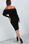 Hannah Black Long Sleeve Bardot Frill Bodycon - bejealous-com