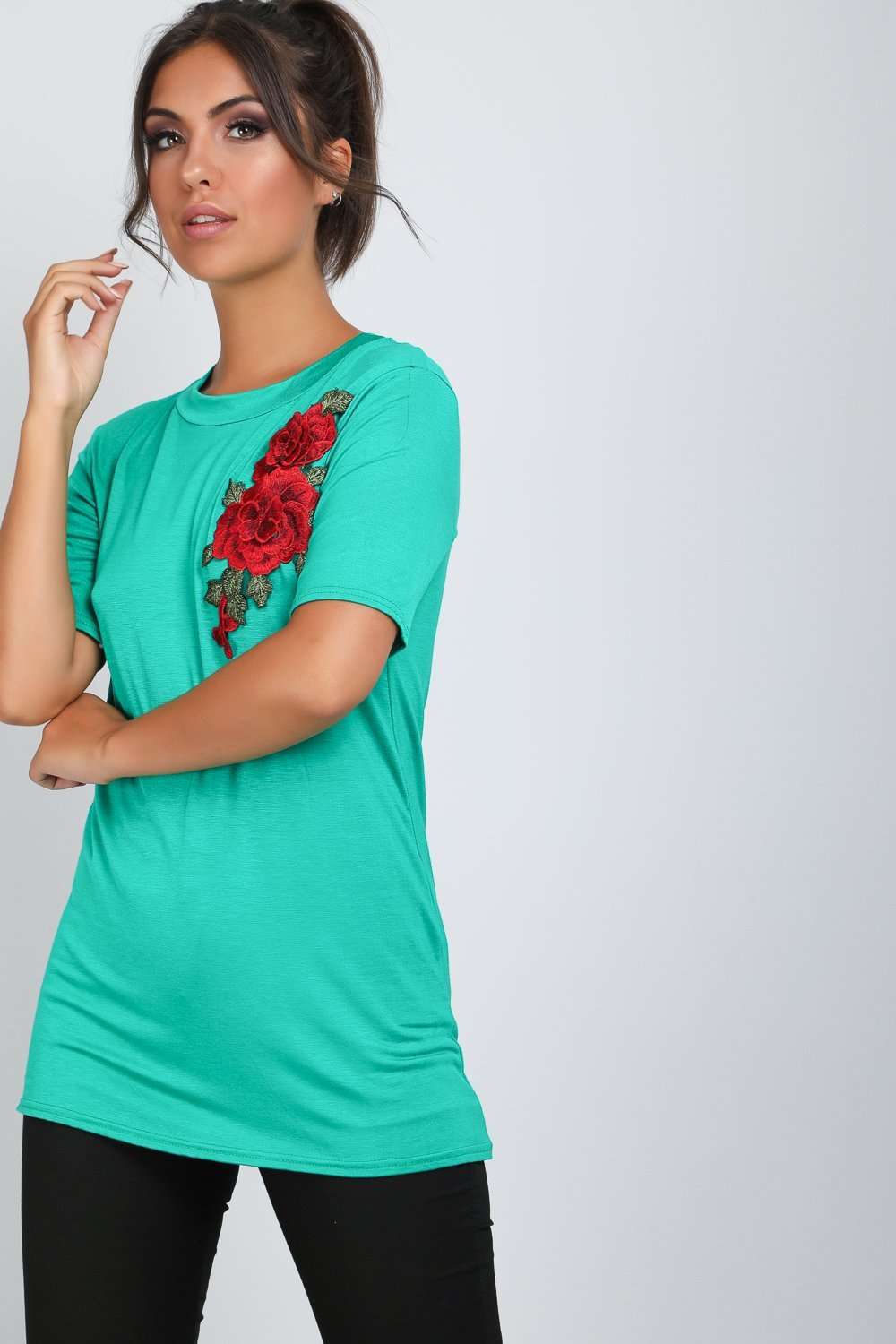 Hannah Floral Rose Applique Baggy Jersey Tshirt - bejealous-com