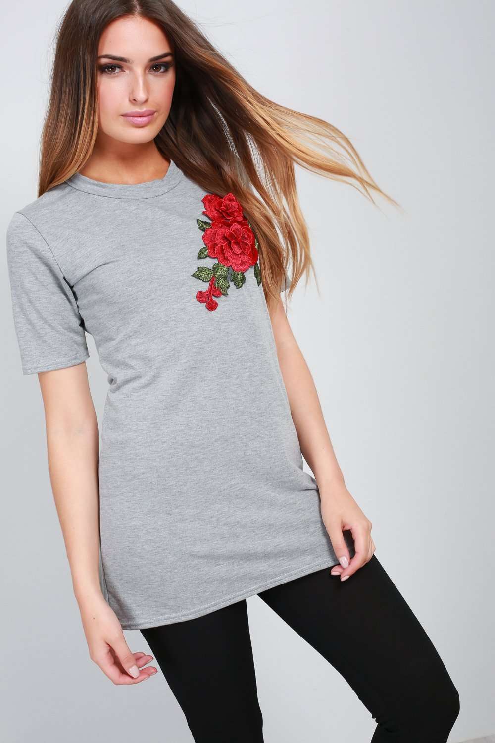Hannah Floral Rose Applique Baggy Jersey Tshirt - bejealous-com
