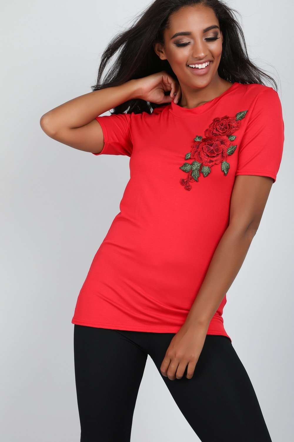 Hannah Floral Rose Applique Baggy Jersey Tshirt - bejealous-com