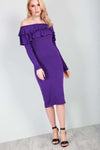 Hannah Long Sleeve Burgundy Bardot Frill Bodycon Dress - bejealous-com