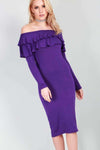 Hannah Long Sleeve Purple Bardot Frill Bodycon Dress - bejealous-com