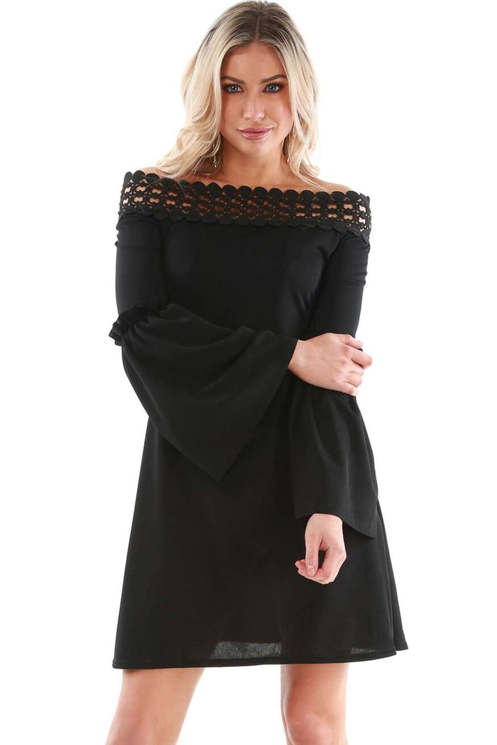 Harriet Crochet Bardot Flare Sleeve Dress - bejealous-com