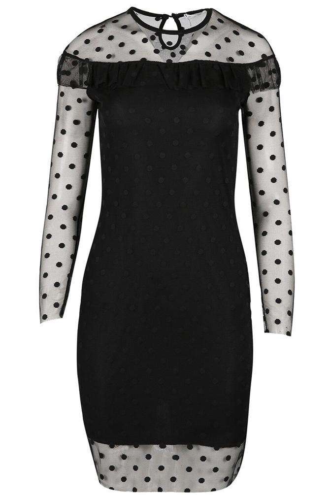 Harvie Long Sleeve Frill Trim Polka Dot Mini Dress - bejealous-com