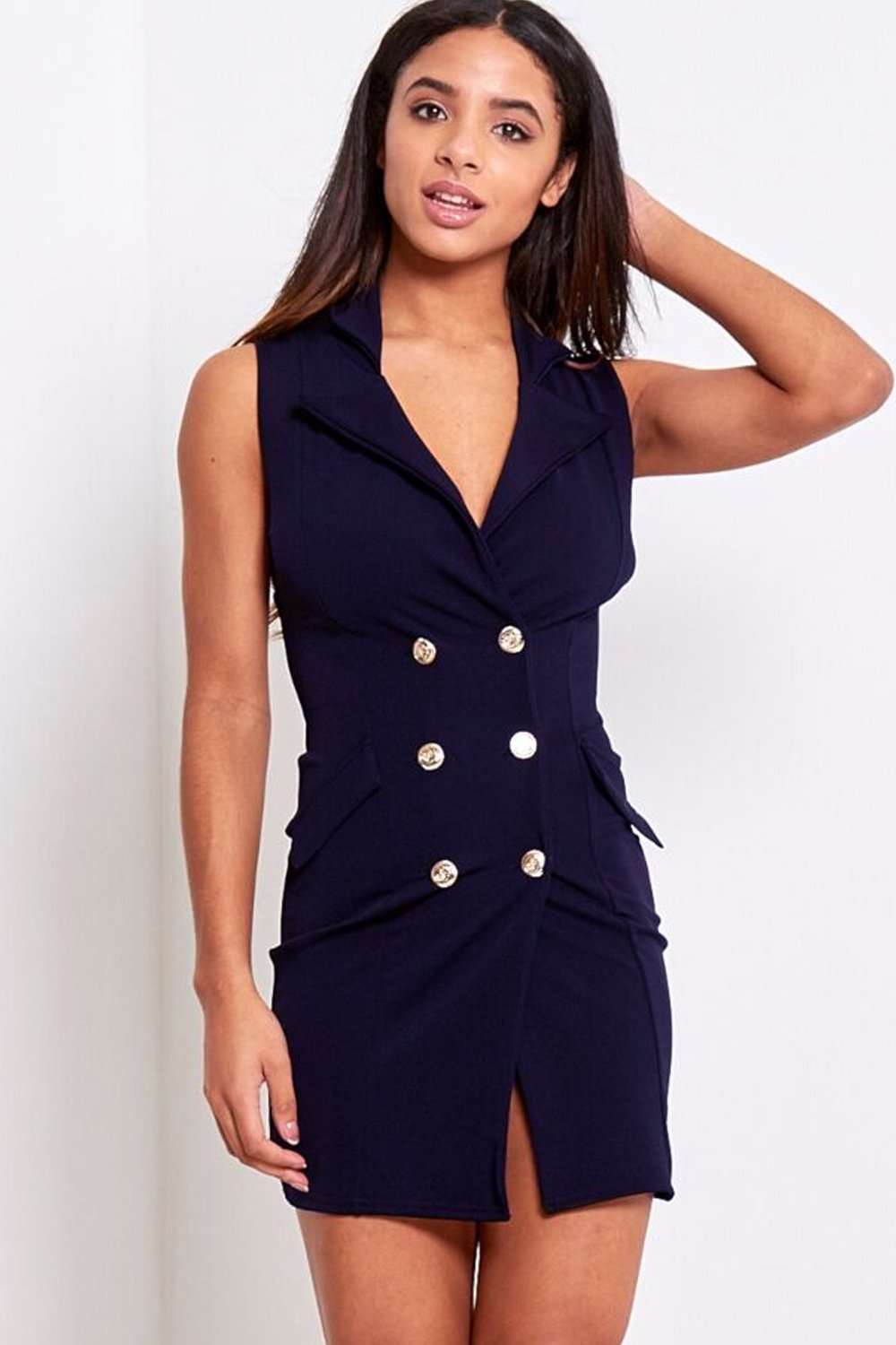 Hazel Gold Button Sleeveless Blazer Mini Dress - bejealous-com