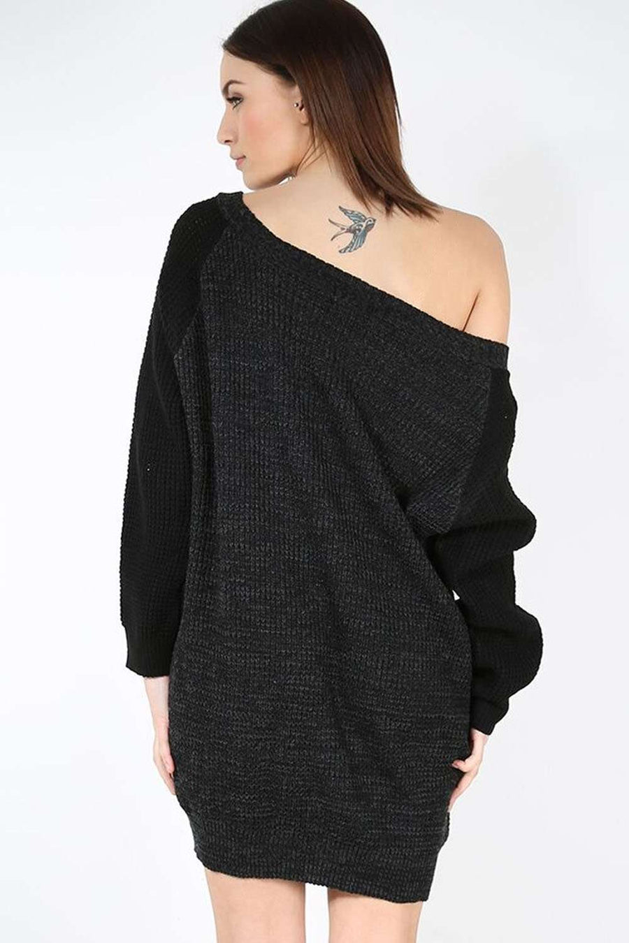 Off Shoulder Black Knitted Jumper Dress - bejealous-com