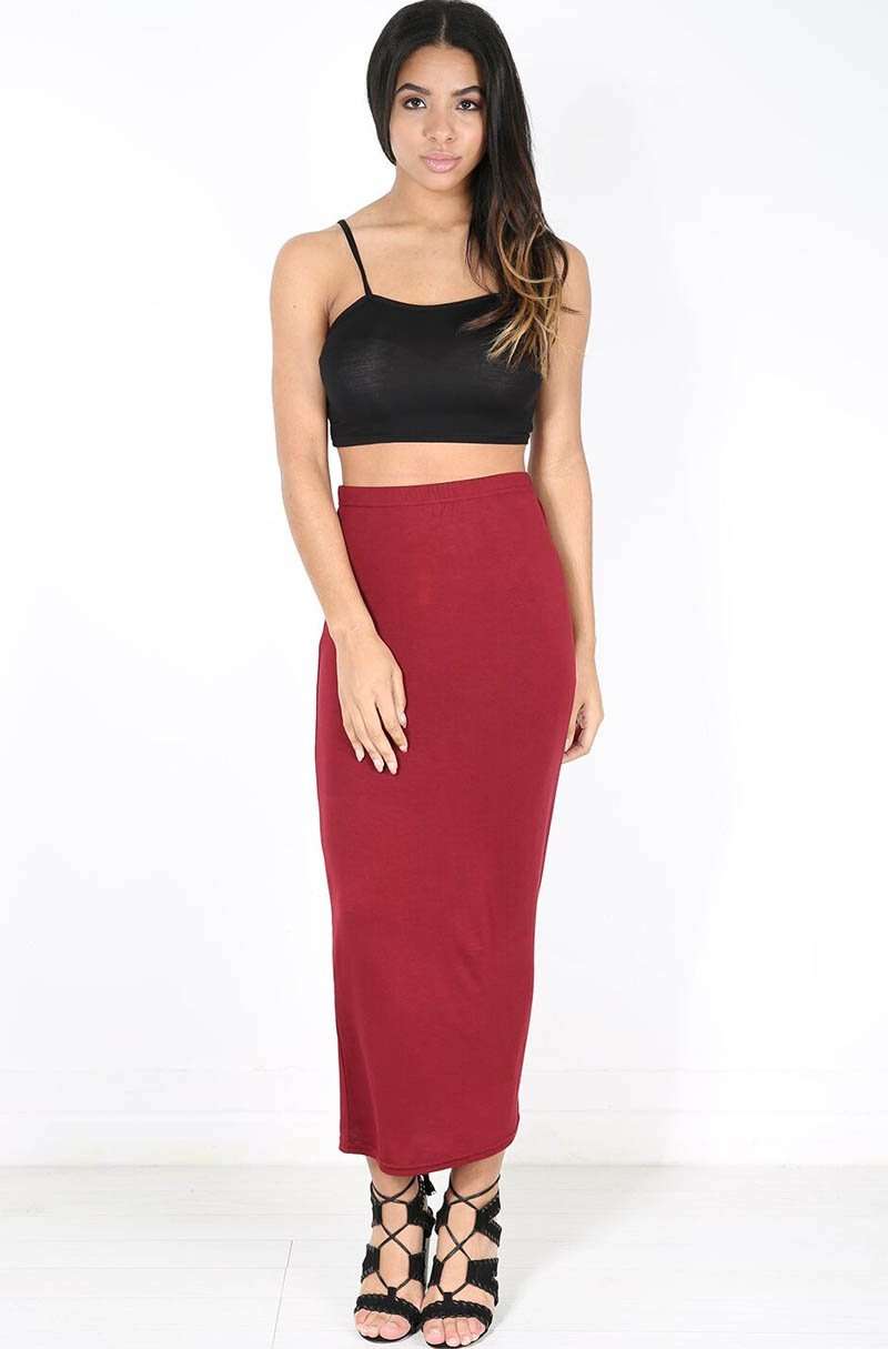 High Waist Burgundy Basic Jersey Maxi Pencil Skirt - bejealous-com