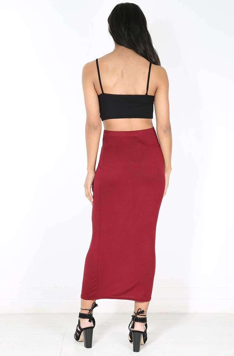 High Waist Burgundy Basic Jersey Maxi Pencil Skirt - bejealous-com