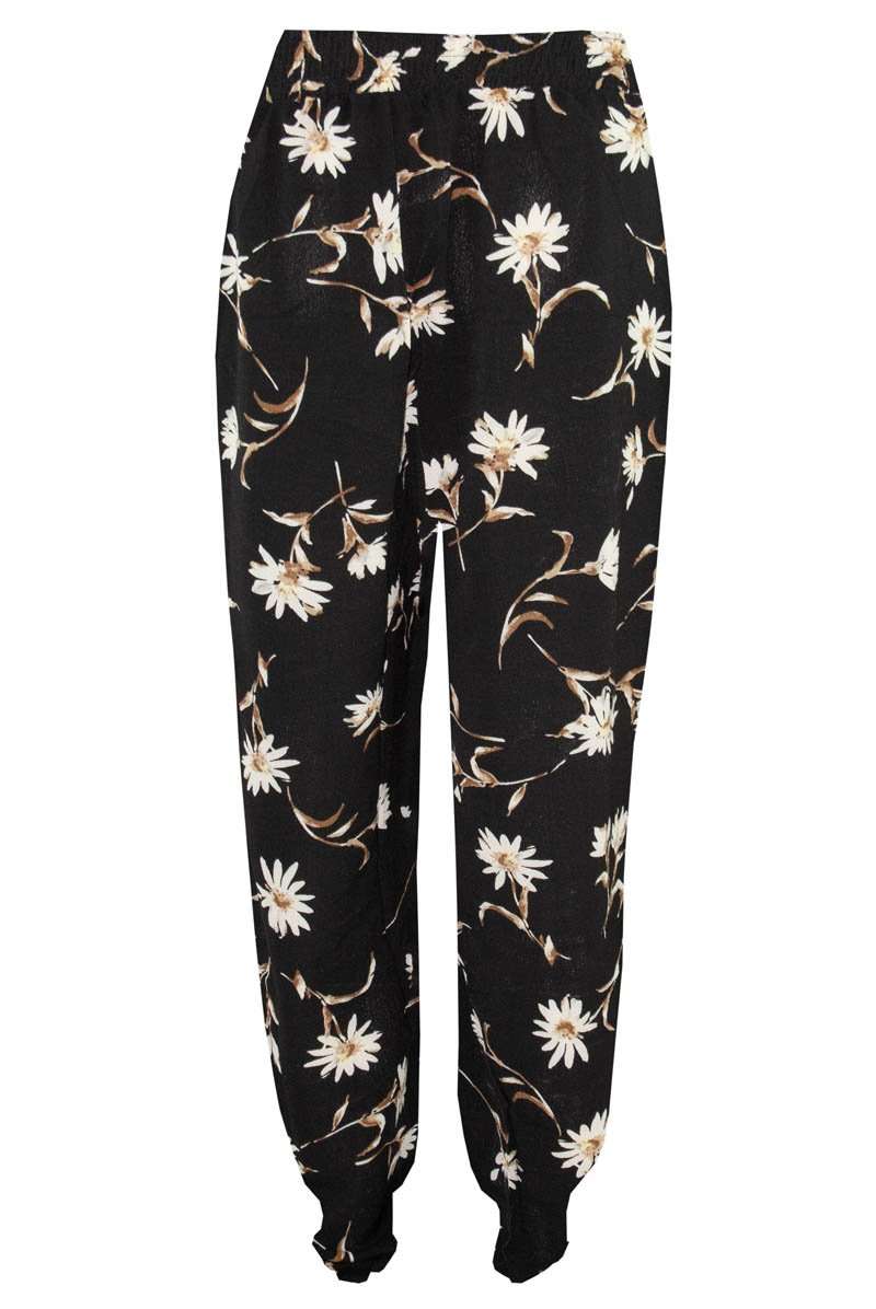 High Waist Black Floral Cuffed Leg Trousers - bejealous-com