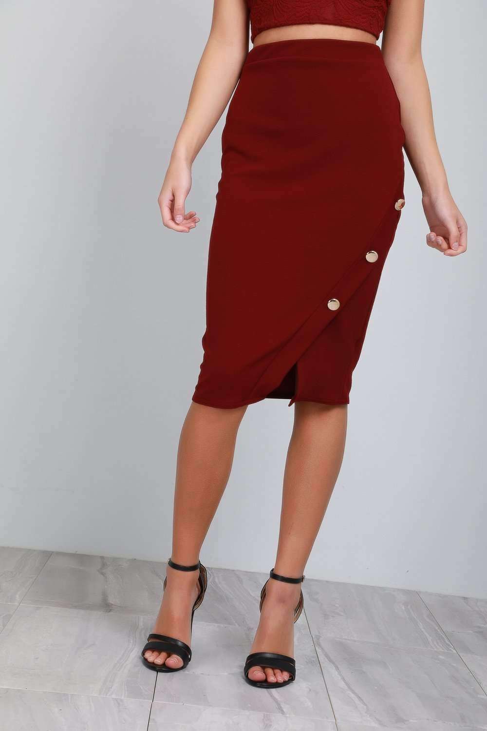 High Waisted Gold Button Black Midi Tuxedo Skirt - bejealous-com
