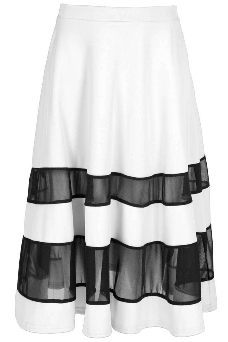 High Waisted Navy Mesh Insert Midi Skater Skirt - bejealous-com