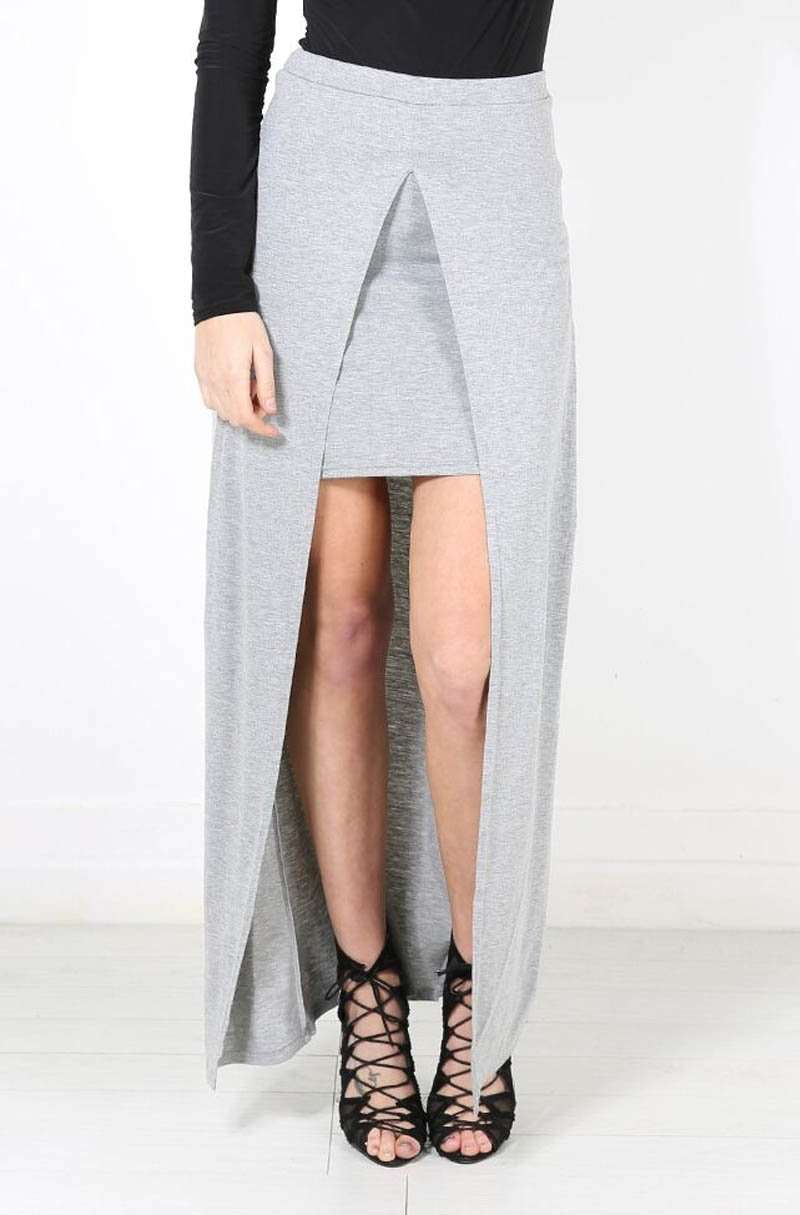 High Waisted Split Leg Grey Maxi Skirt - bejealous-com