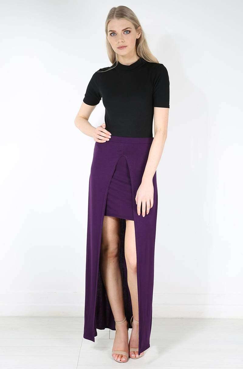 High Waisted Split Leg Purple Maxi Skirt - bejealous-com