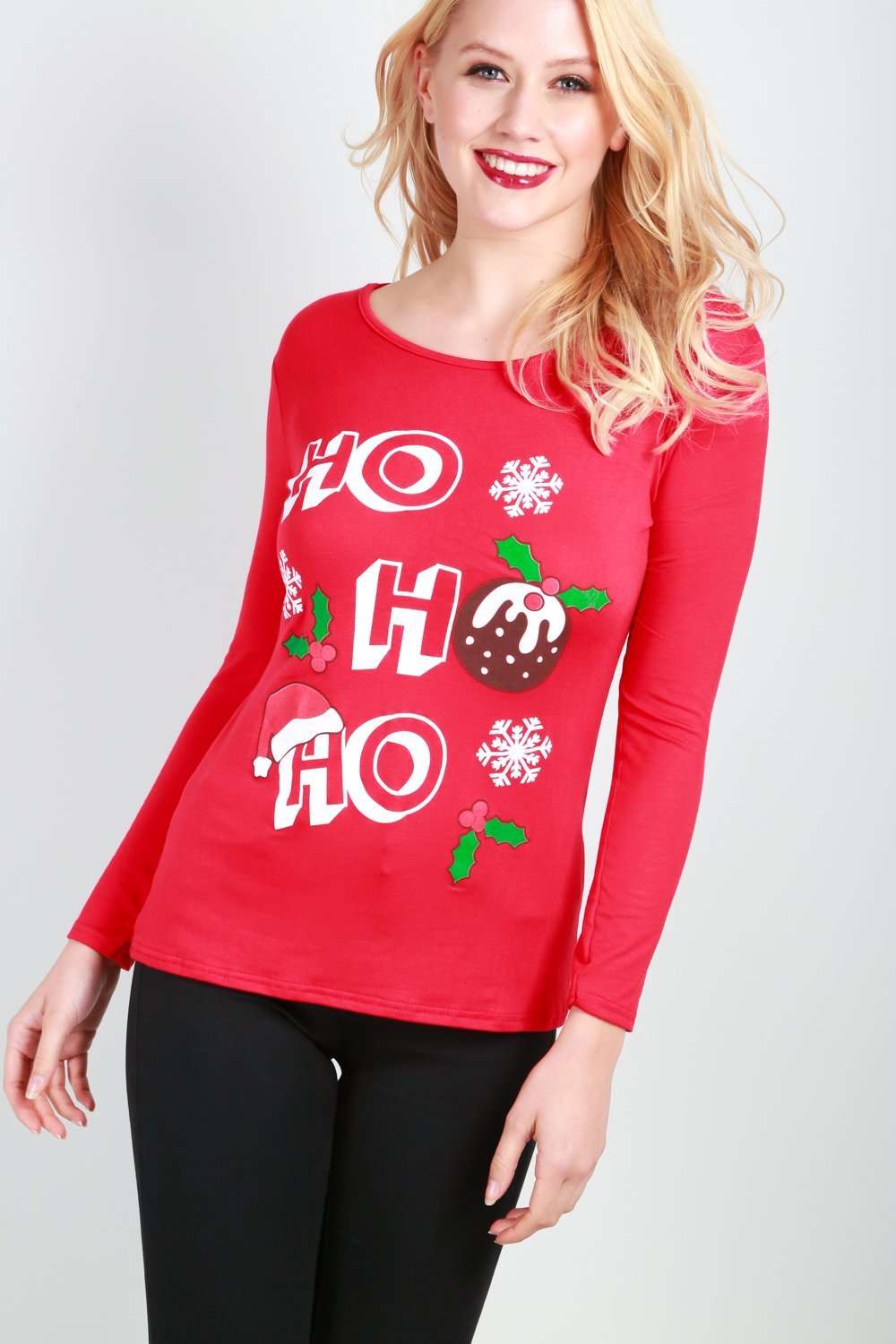 Hohoho Christmas Slogan Print Long Sleeve T-shirt - bejealous-com