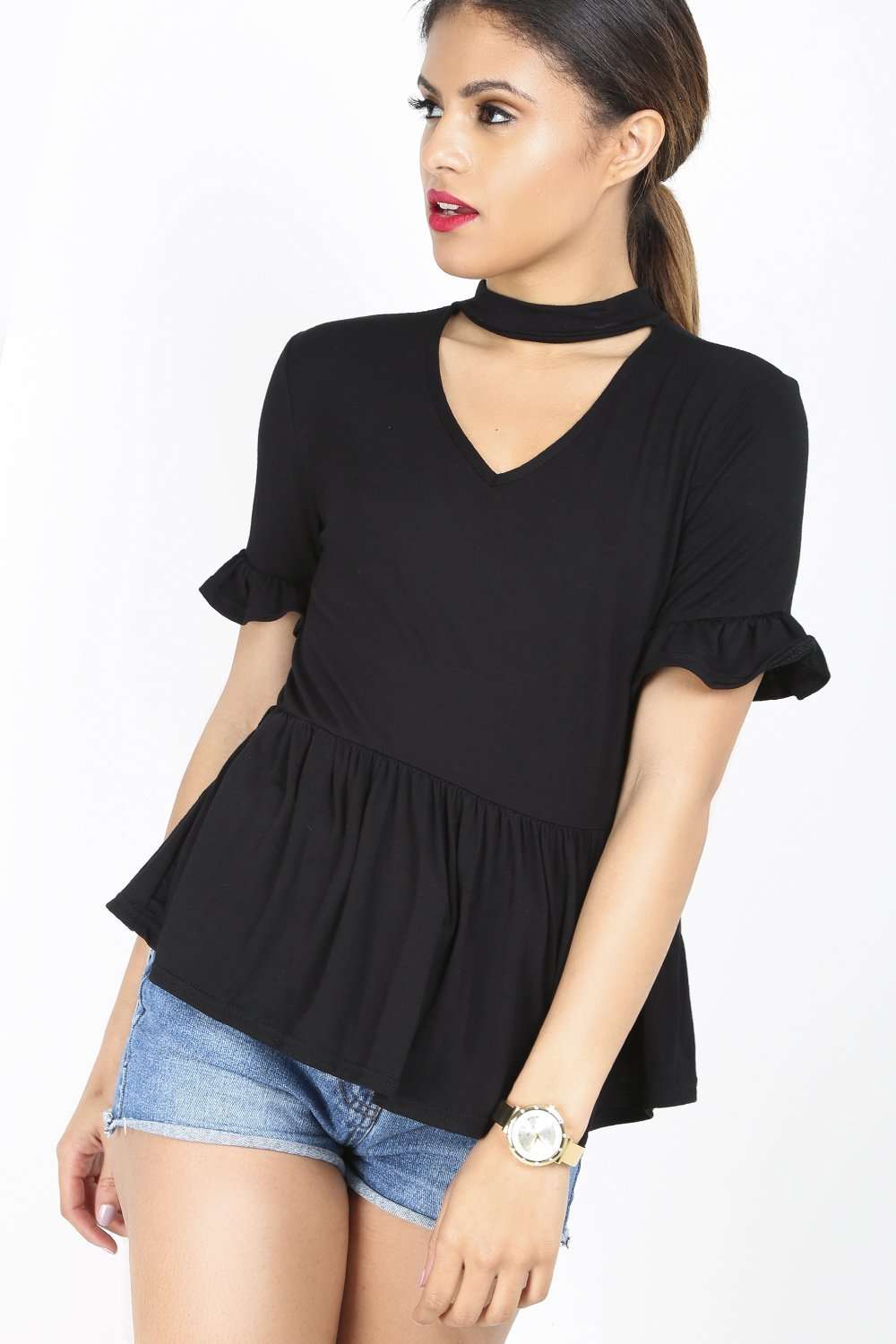 Iris Choker Neck Peplum Frill Tshirt - bejealous-com