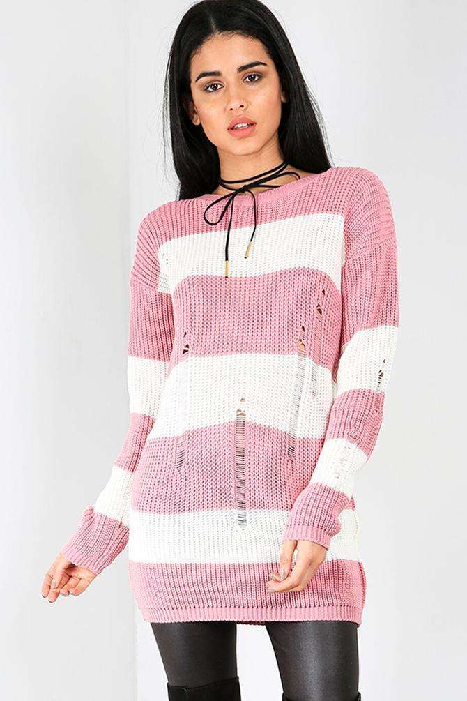 Long Sleeve Pink Striped Jumper Dress - bejealous-com