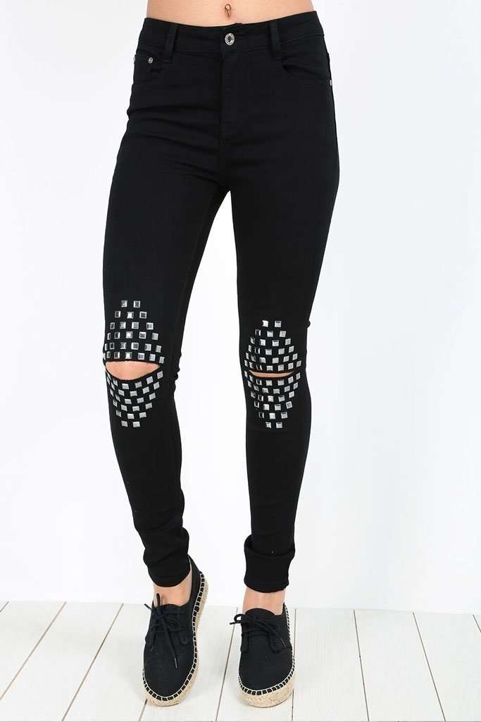 Janet Ripped Knee Studded Skinny Jeans - bejealous-com