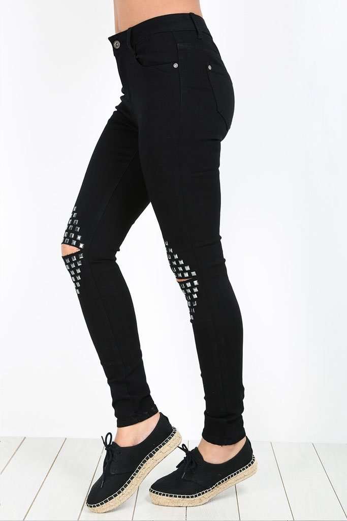 Janet Ripped Knee Studded Skinny Jeans - bejealous-com