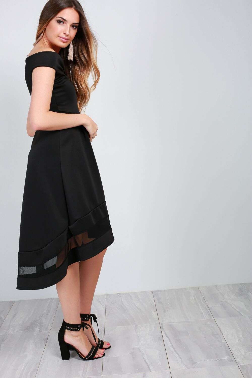 Jemma Bardot Dip Hem Mesh Insert Midi Dress - bejealous-com