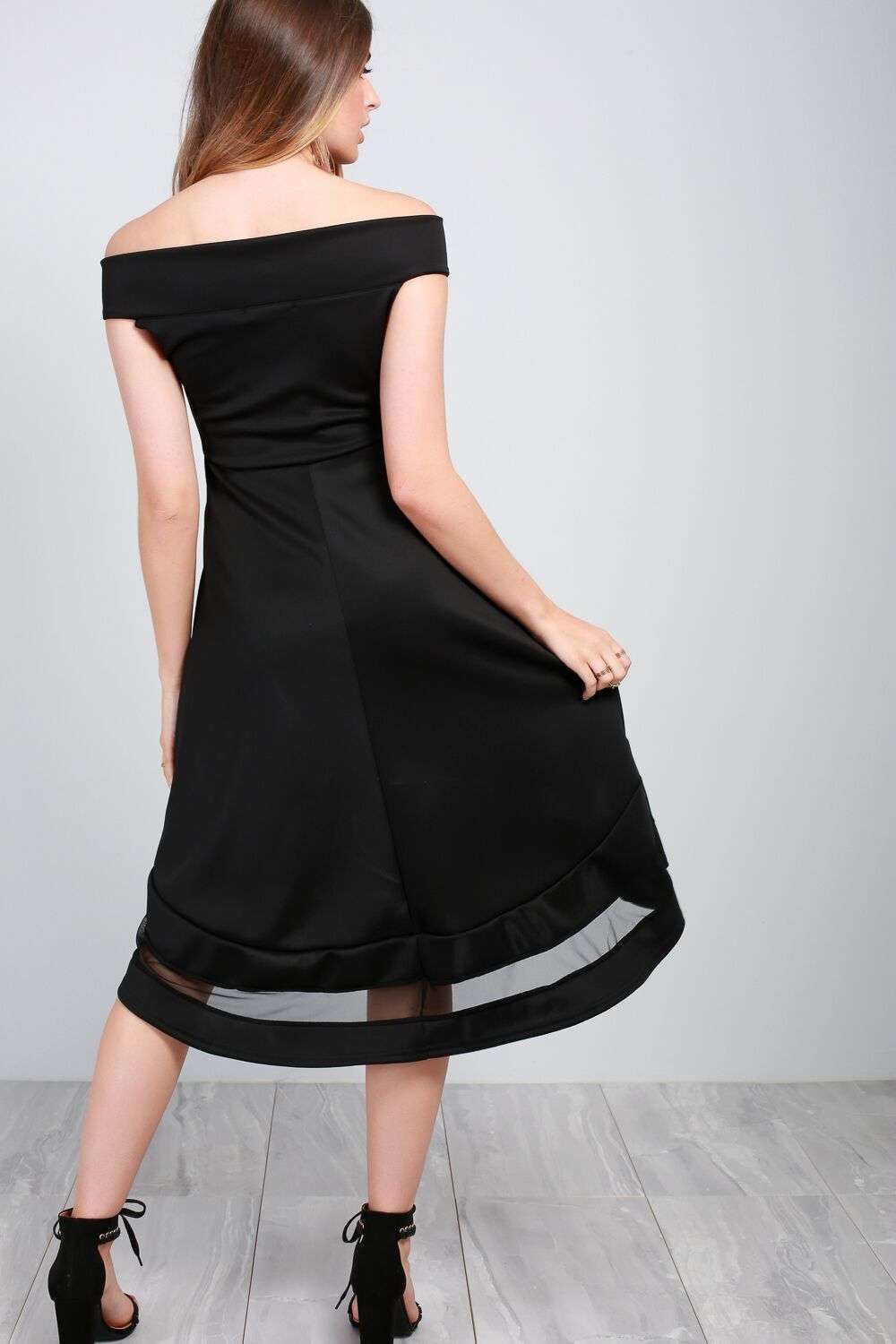 Jemma Bardot Dip Hem Mesh Insert Midi Dress - bejealous-com