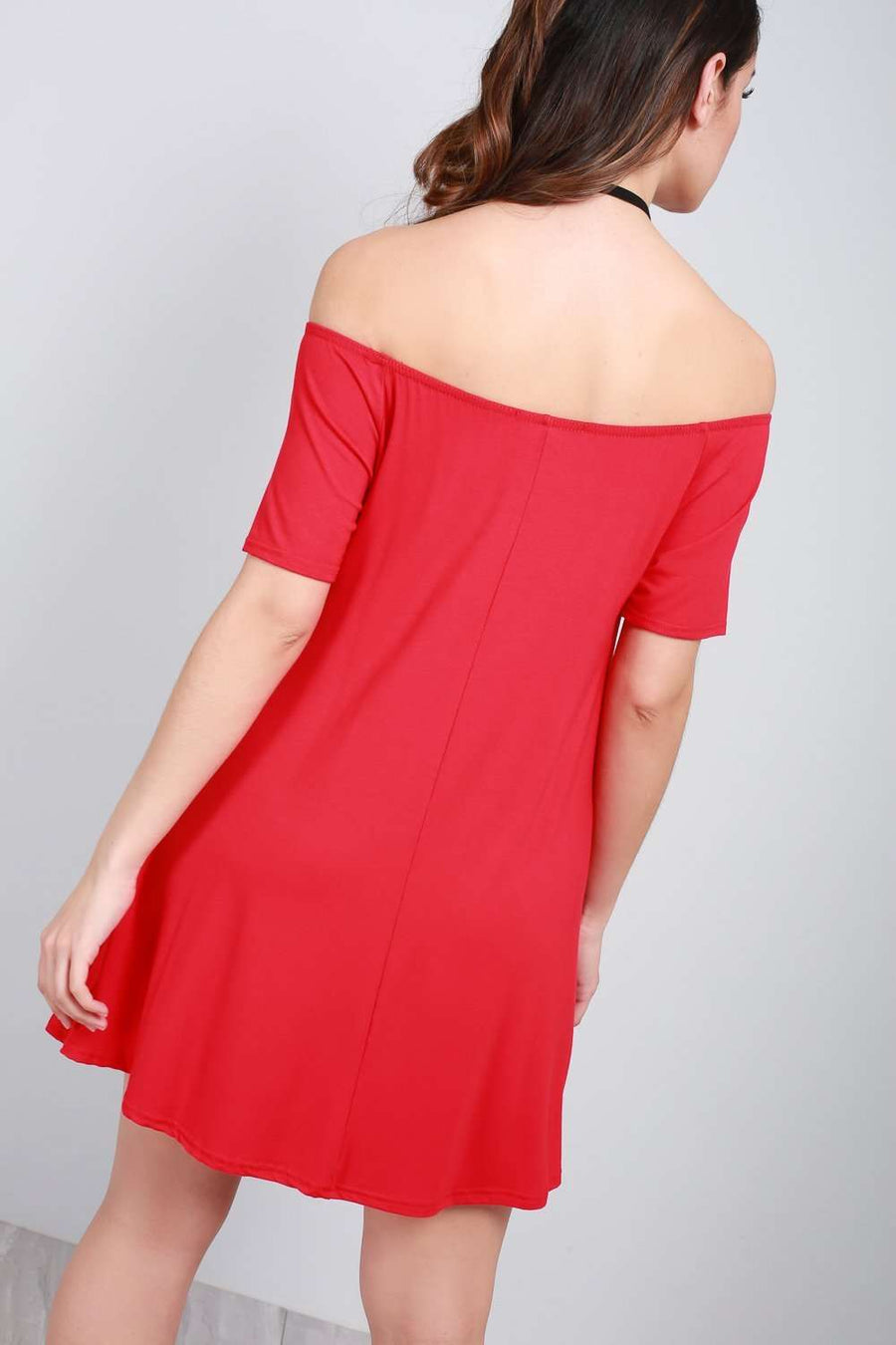 Jenna Red Bardot Mini Swing Dress - bejealous-com