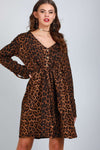 Long Sleeve Button Down Leopard Print Midi Dress - bejealous-com