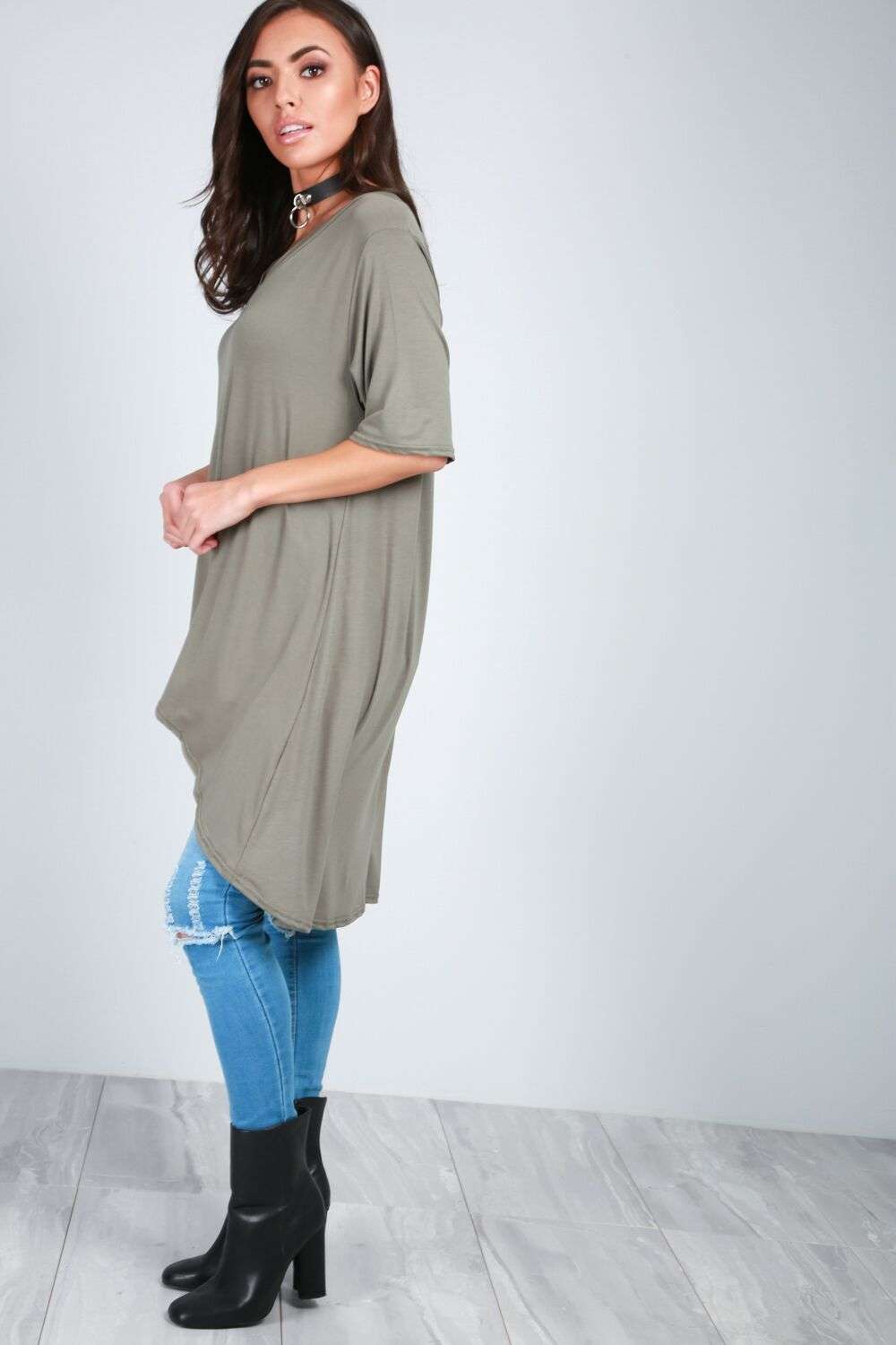 V Neck Blue Oversized Hi Lo Basic Tshirt - bejealous-com