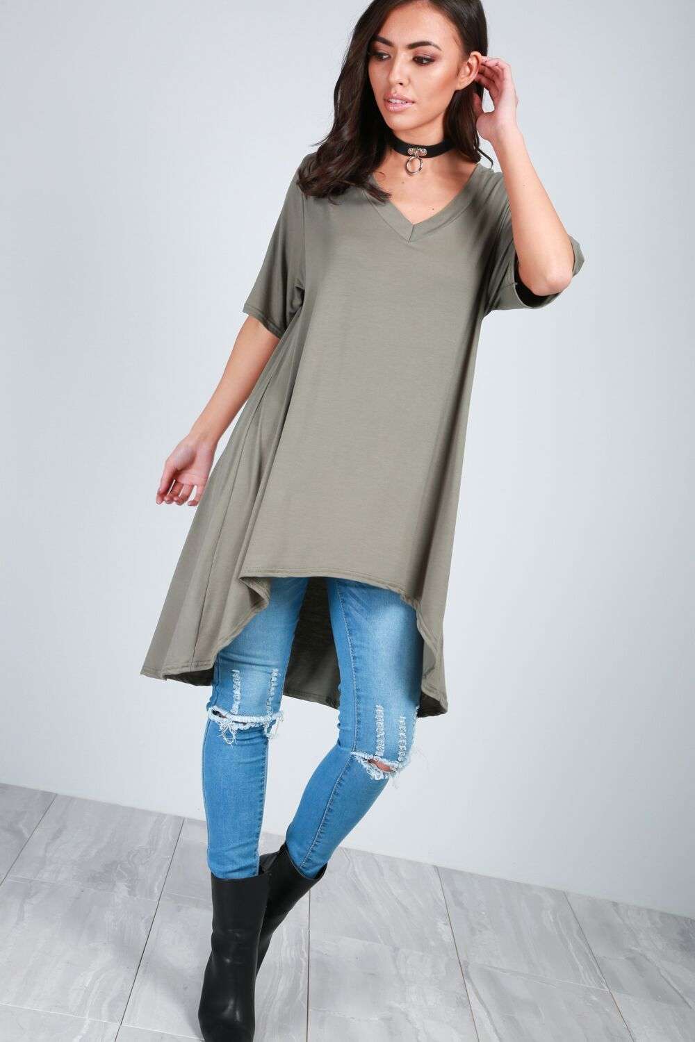 V Neck Blue Oversized Hi Lo Basic Tshirt - bejealous-com