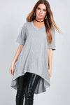 V Neck Blue Oversized Hi Lo Basic Tshirt - bejealous-com