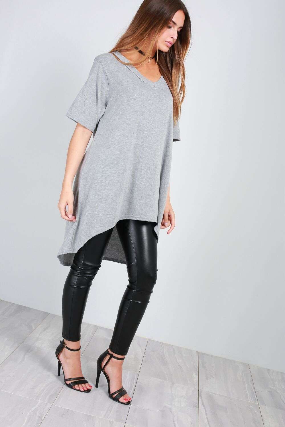 V Neck Blue Oversized Hi Lo Basic Tshirt - bejealous-com