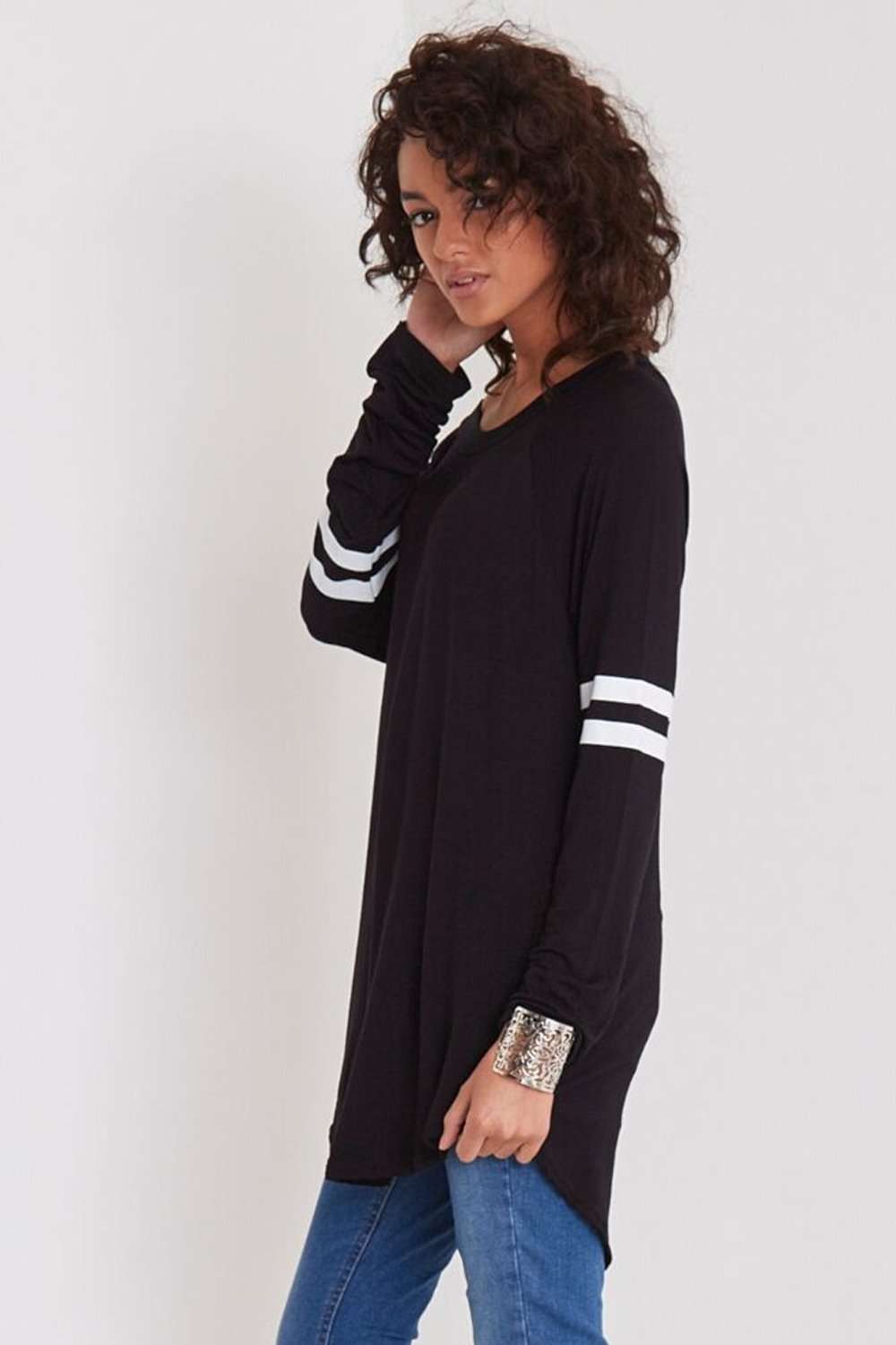 Jillian Striped Sleeve Scoop Neck Baggy Top - bejealous-com