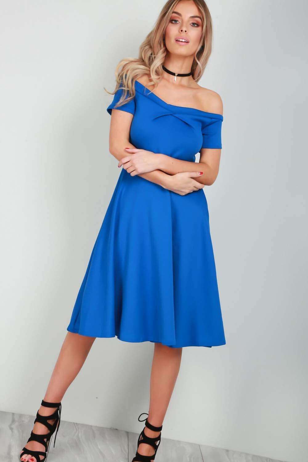 Jolly Off Shoulder Midi Flared Swing Dress - bejealous-com