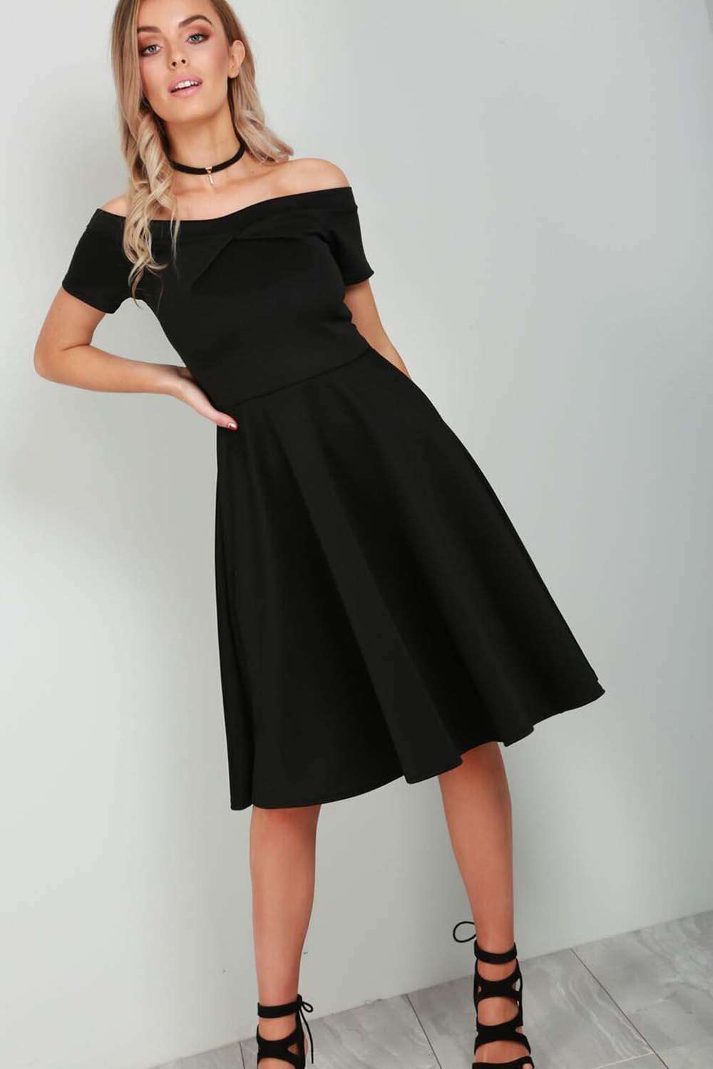 Jolly Off Shoulder Midi Flared Swing Dress - bejealous-com