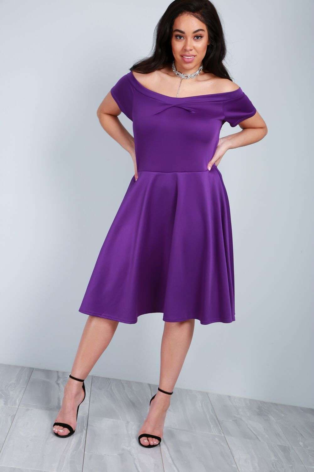 Jolly Off Shoulder Midi Flared Swing Dress - bejealous-com