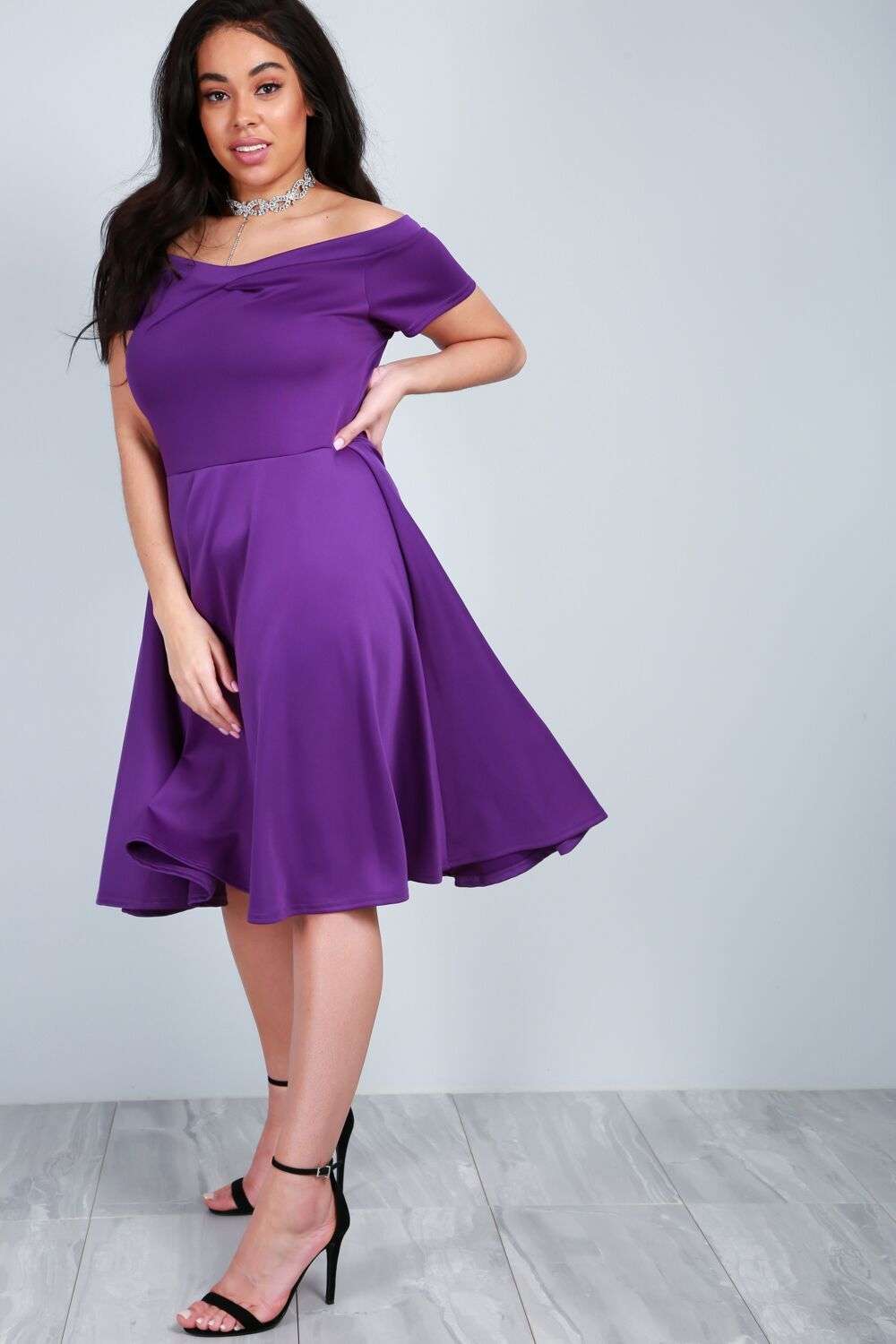 Jolly Off Shoulder Midi Flared Swing Dress - bejealous-com