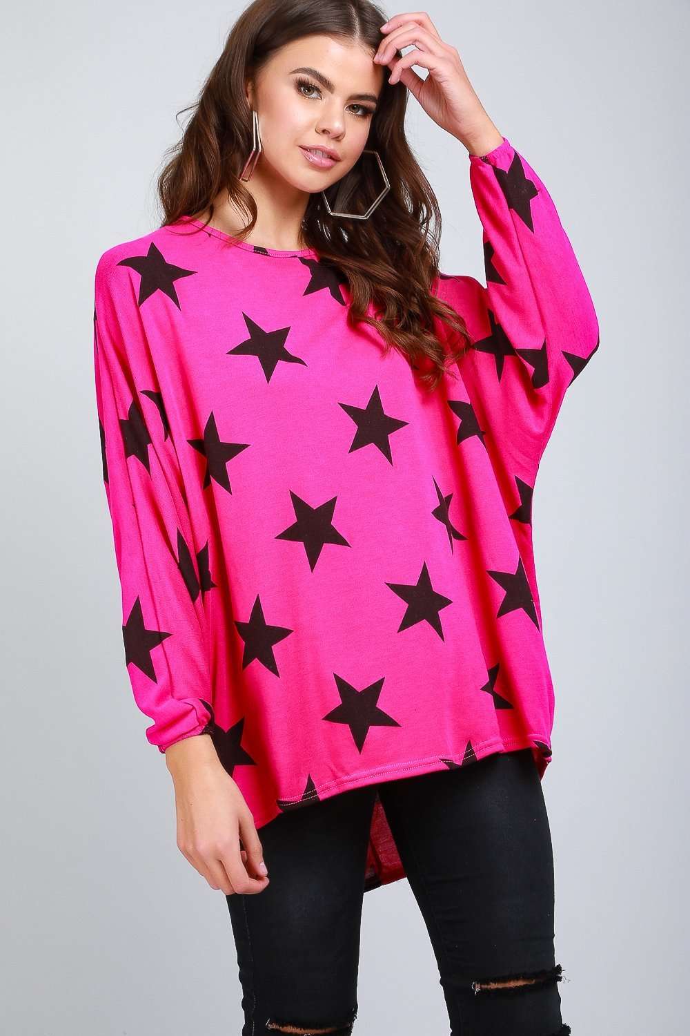 Star Print Dipped Hem Black Batwing Top - bejealous-com