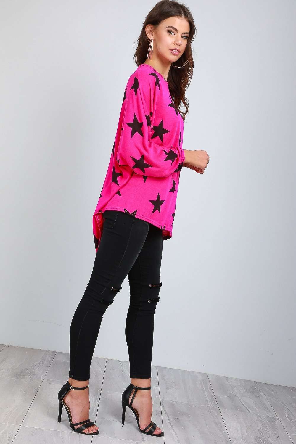 Star Print Dipped Hem Black Batwing Top - bejealous-com